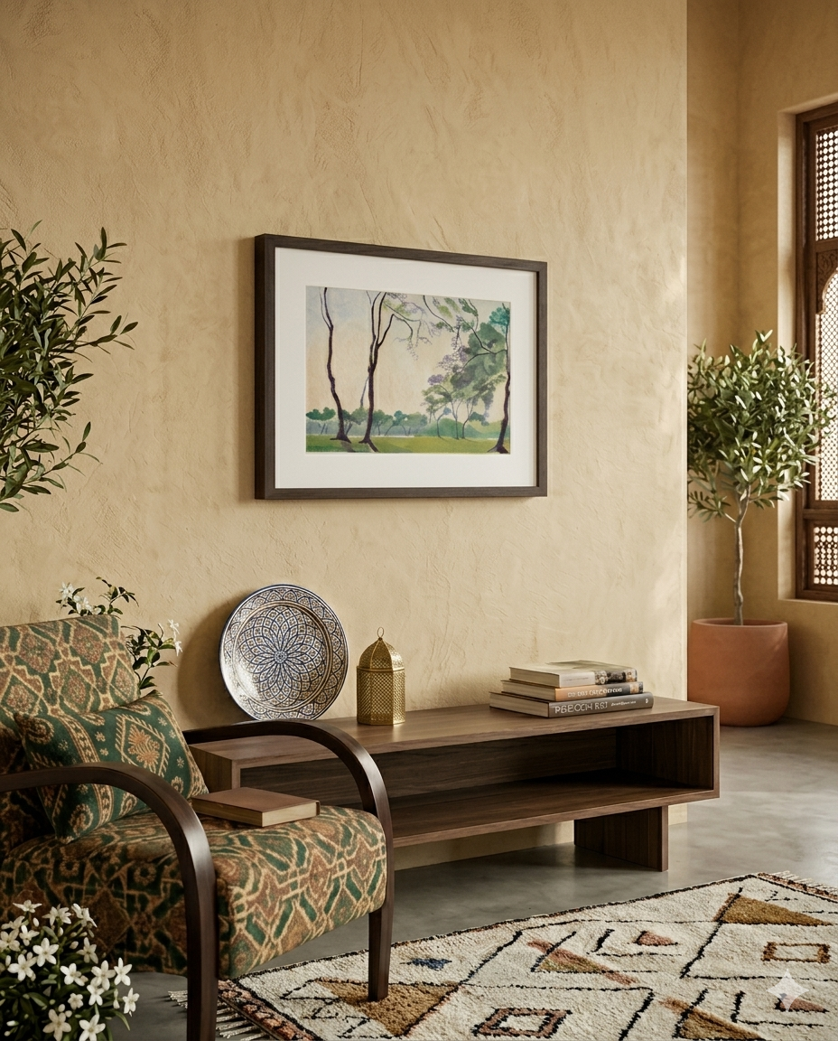 Photo d'intérieur style méditerranéen oriental avec une aquarelle encadrée avec un cadre bois brun