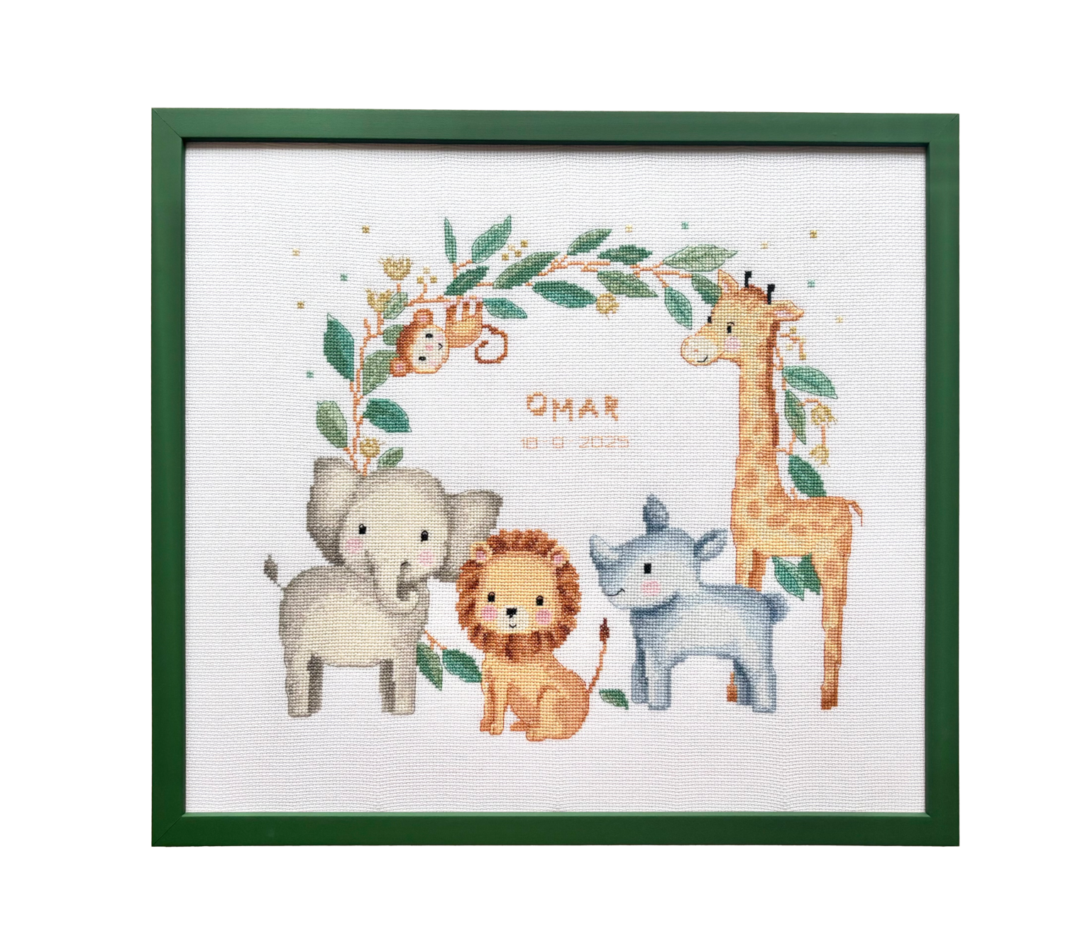 Point de croix représentant des animaux pour une chambre d'enfant encadré avec une baguette bois de couleur verte.