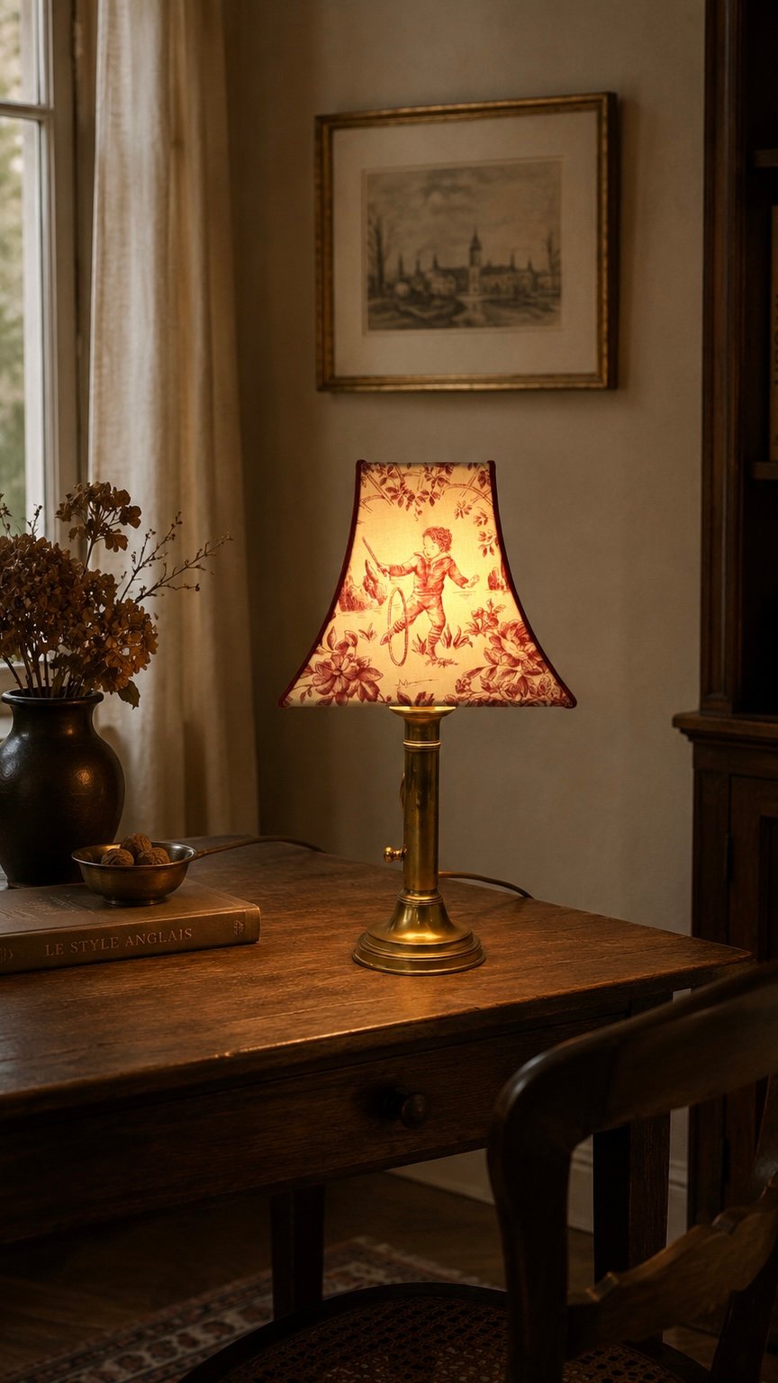 Abat-jour sur mesure en tissu toile de Jouy, réalisé pour une lampe en laiton et présenté dans une ambiance chaleureuse.